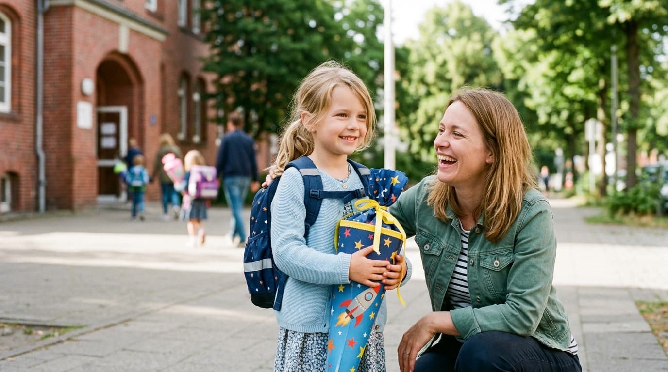 Mädchen mit Schultüte und Ranzen am ersten Schultag, daneben die lachende Mutter