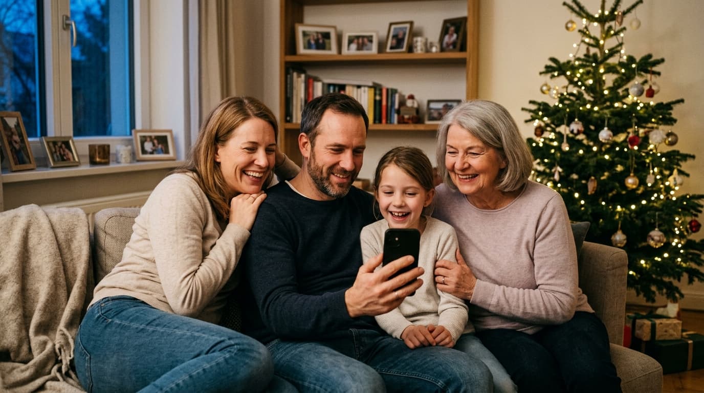 Familie hört am Weihnachtsbaum gemeinsam ein Lied