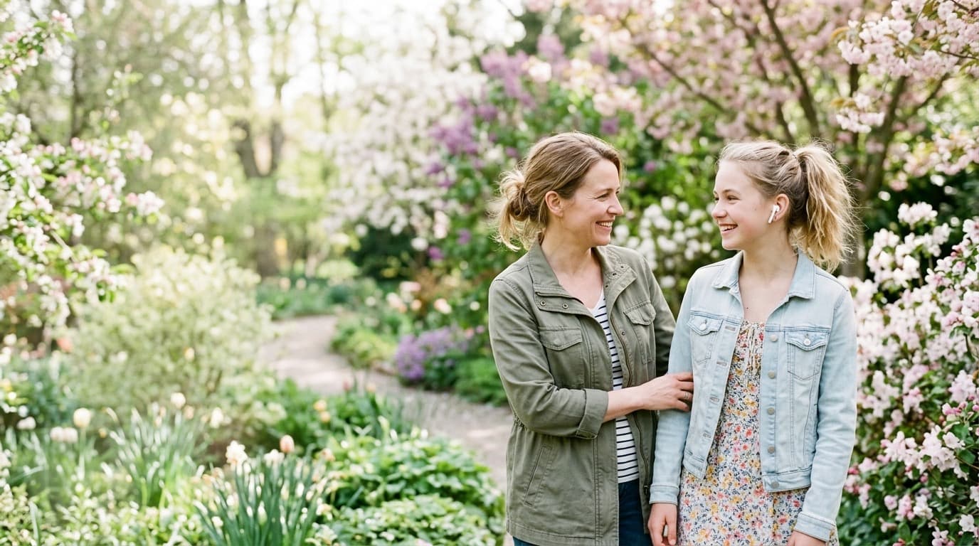 Mutter und Tochter lachen zusammen im blühenden Frühlingsgarten