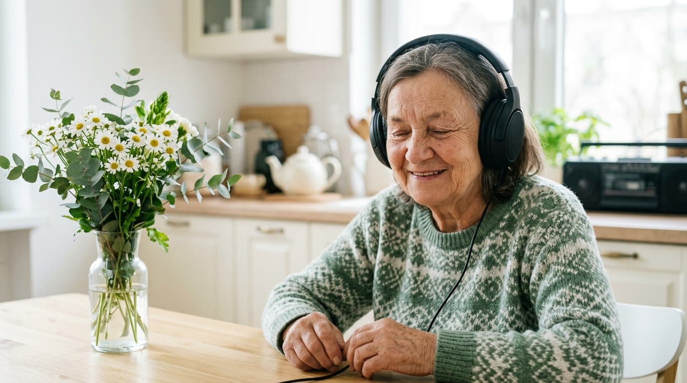 Ältere Frau hört mit Kopfhörern lächelnd ein Lied