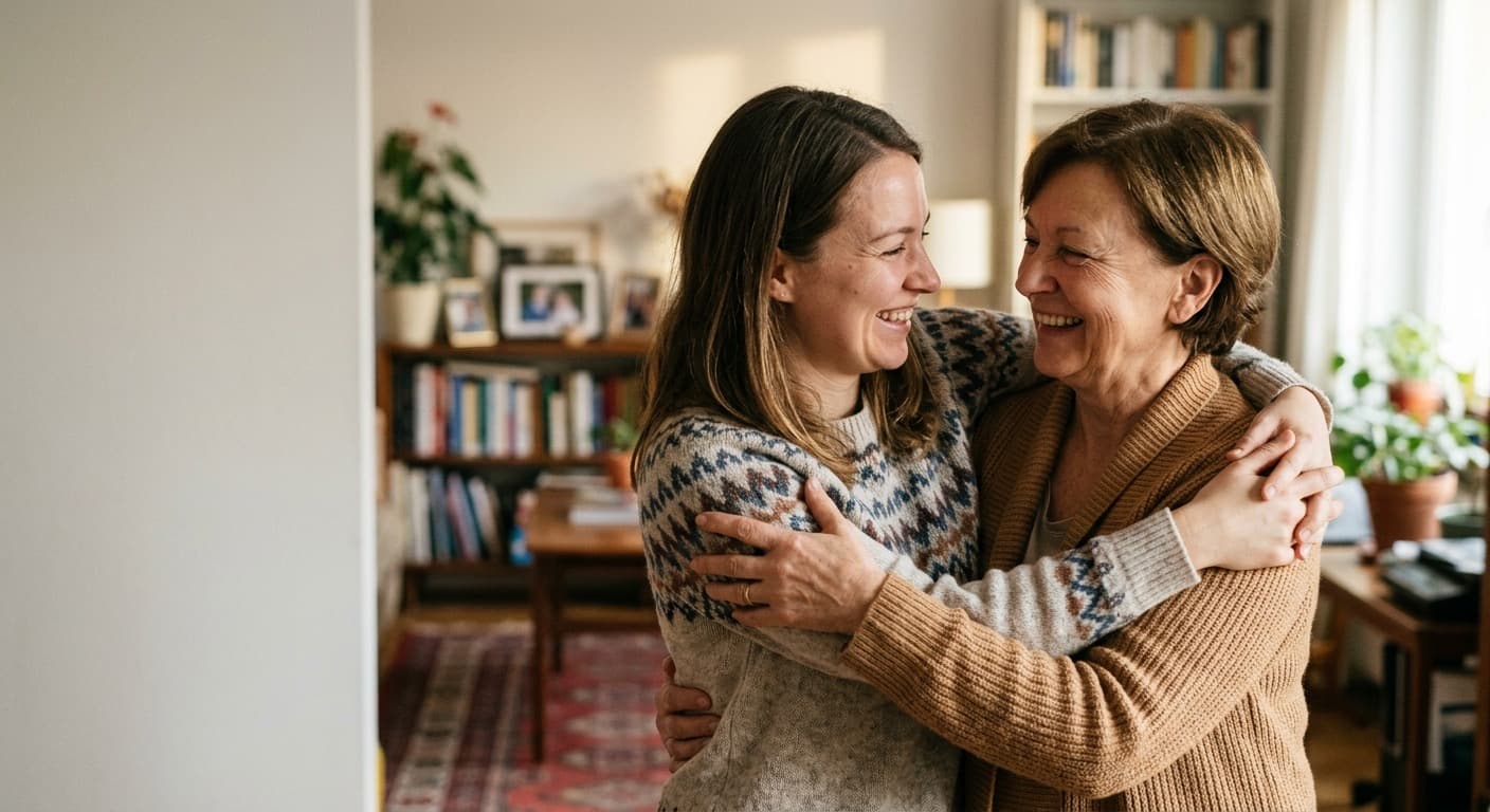 Lächelnde Mutter in einem hellen, wohnlichen Zimmer