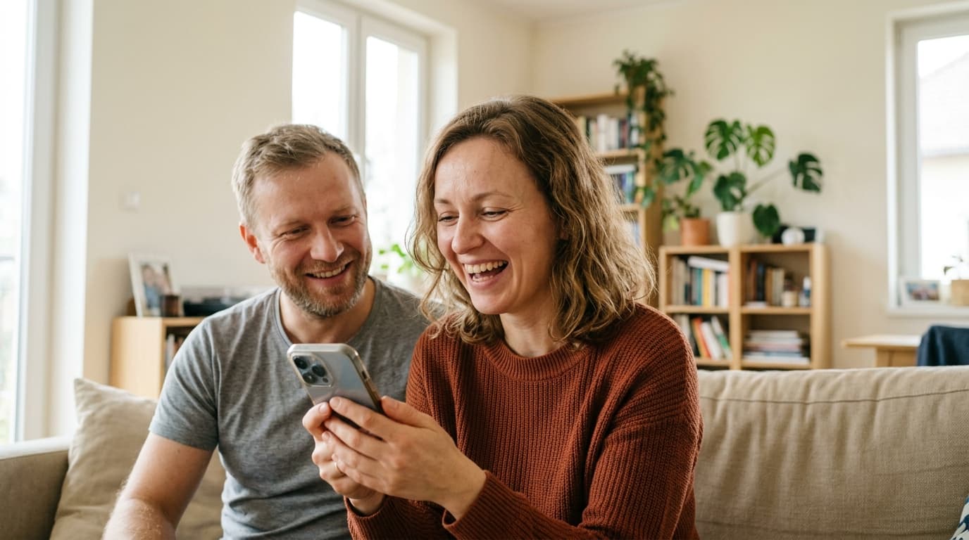 Lachendes Paar hört gemeinsam ein Lied auf dem Handy