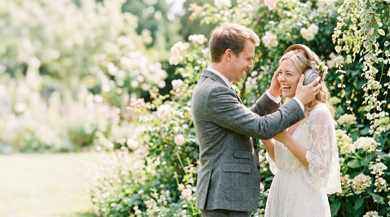 Brautpaar am Hochzeitstag umgeben von Gästen