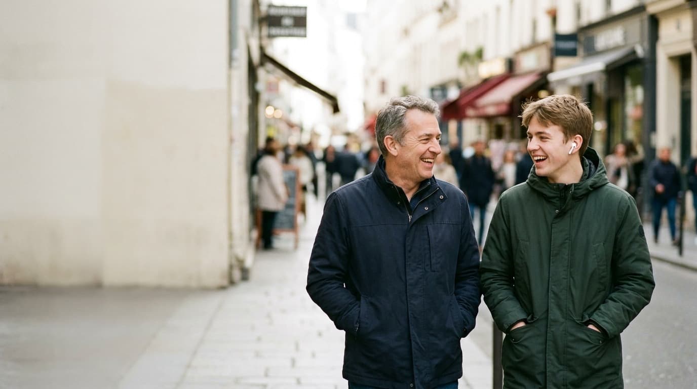 Vater und jugendlicher Sohn lachen zusammen beim Spaziergang